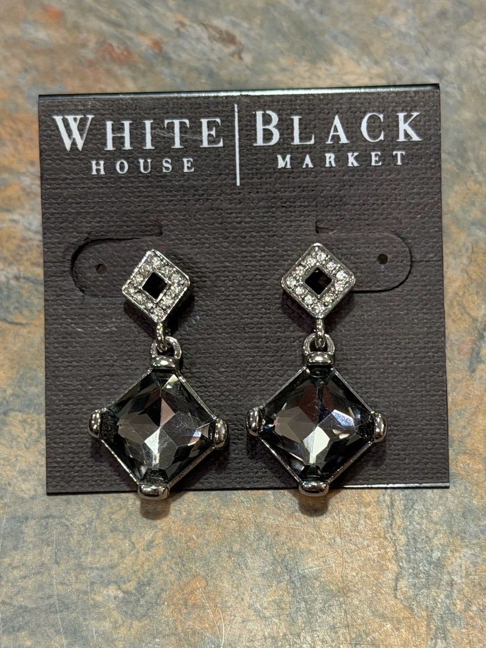White House Black Market Grey Crystal Square Drop Earrings